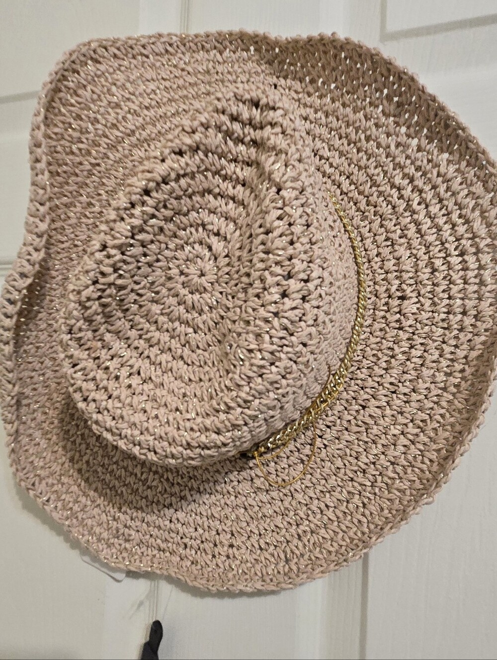 Woven Straw Sun Hat with Gold Chain Accent - Blush Pink